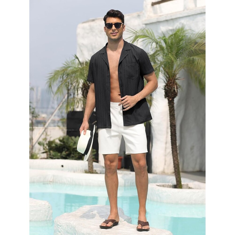 Men Black Casual Cuban Lightweight Short Sleeve Button Down Shirt Textured Beach - Picture 3 of 6